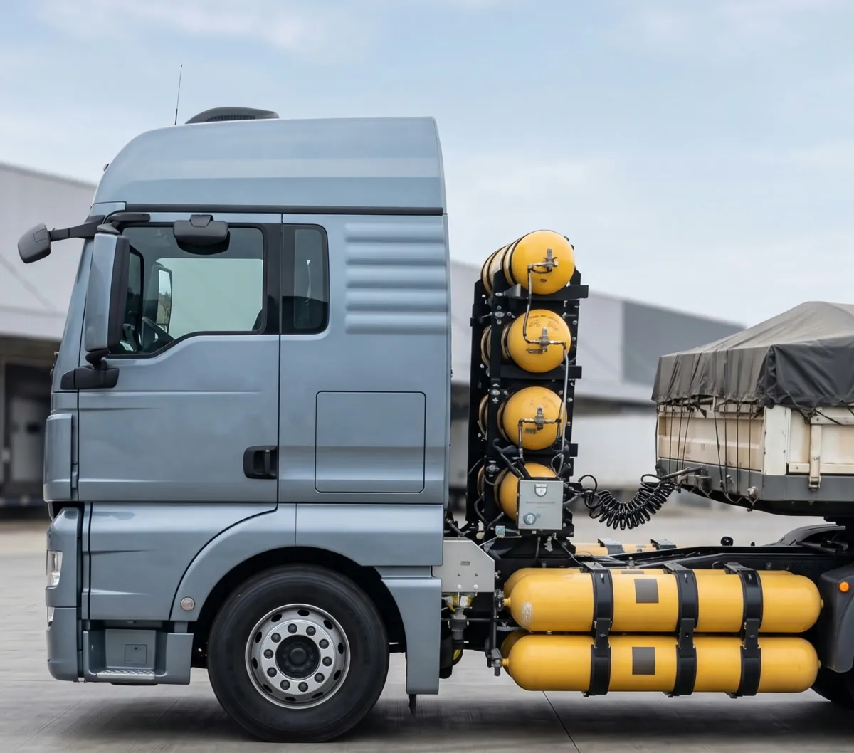 Cavalo mecânico MAN equipado com sistema GNV, com cilindros atrás da cabine e em montagem lateral
