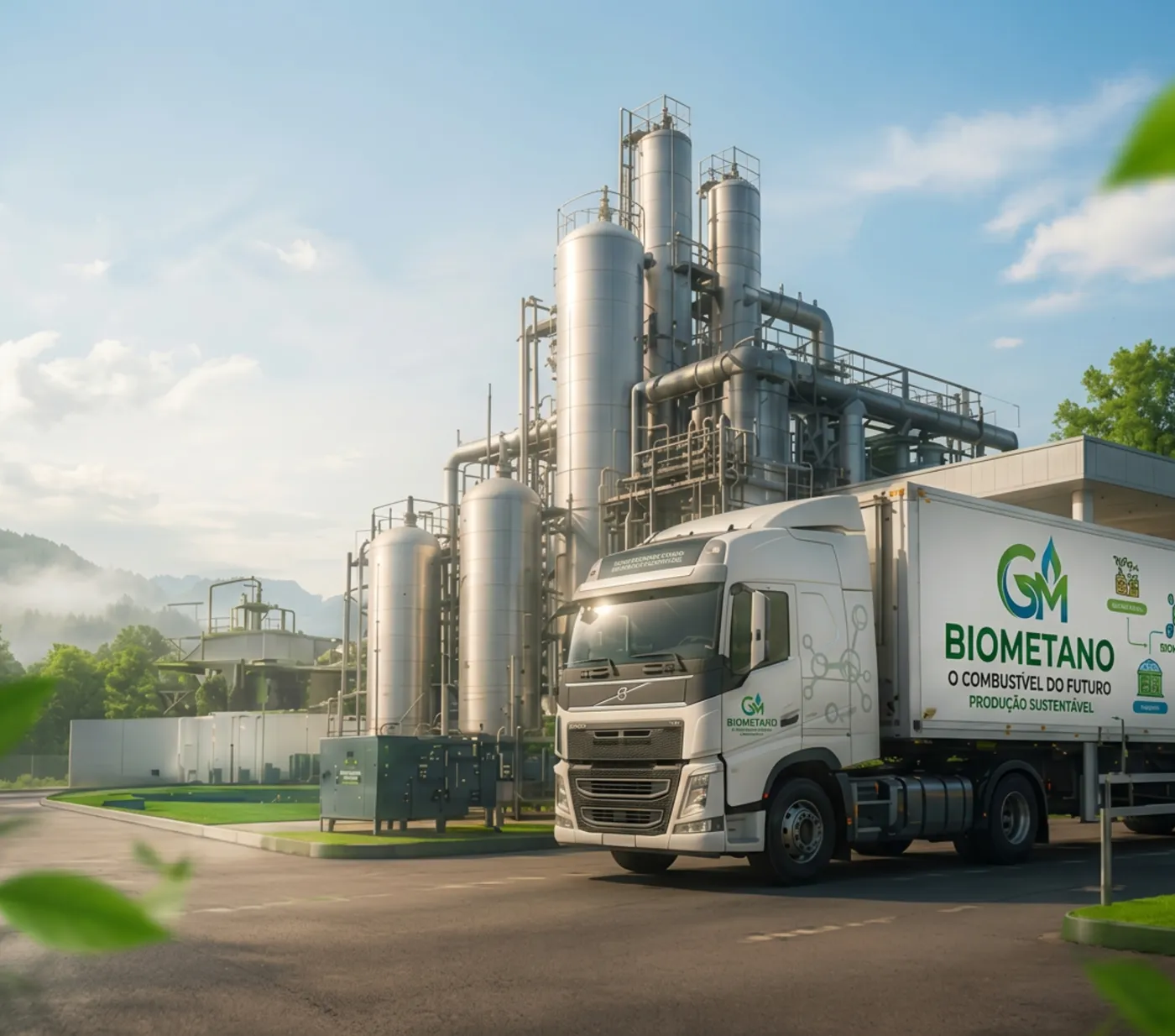 Caminhão a biometano em frente a uma planta de produção